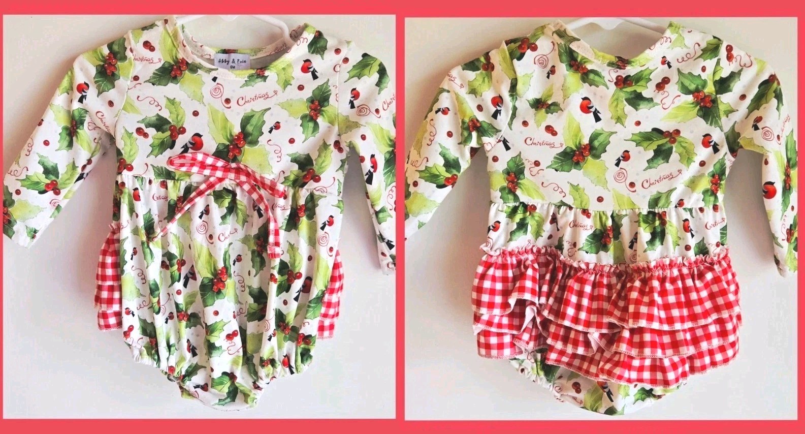 Abby & Evie Baby Girls 6M Christmas Romper w/Ruffles Holly Checkered NEW w/TAGS