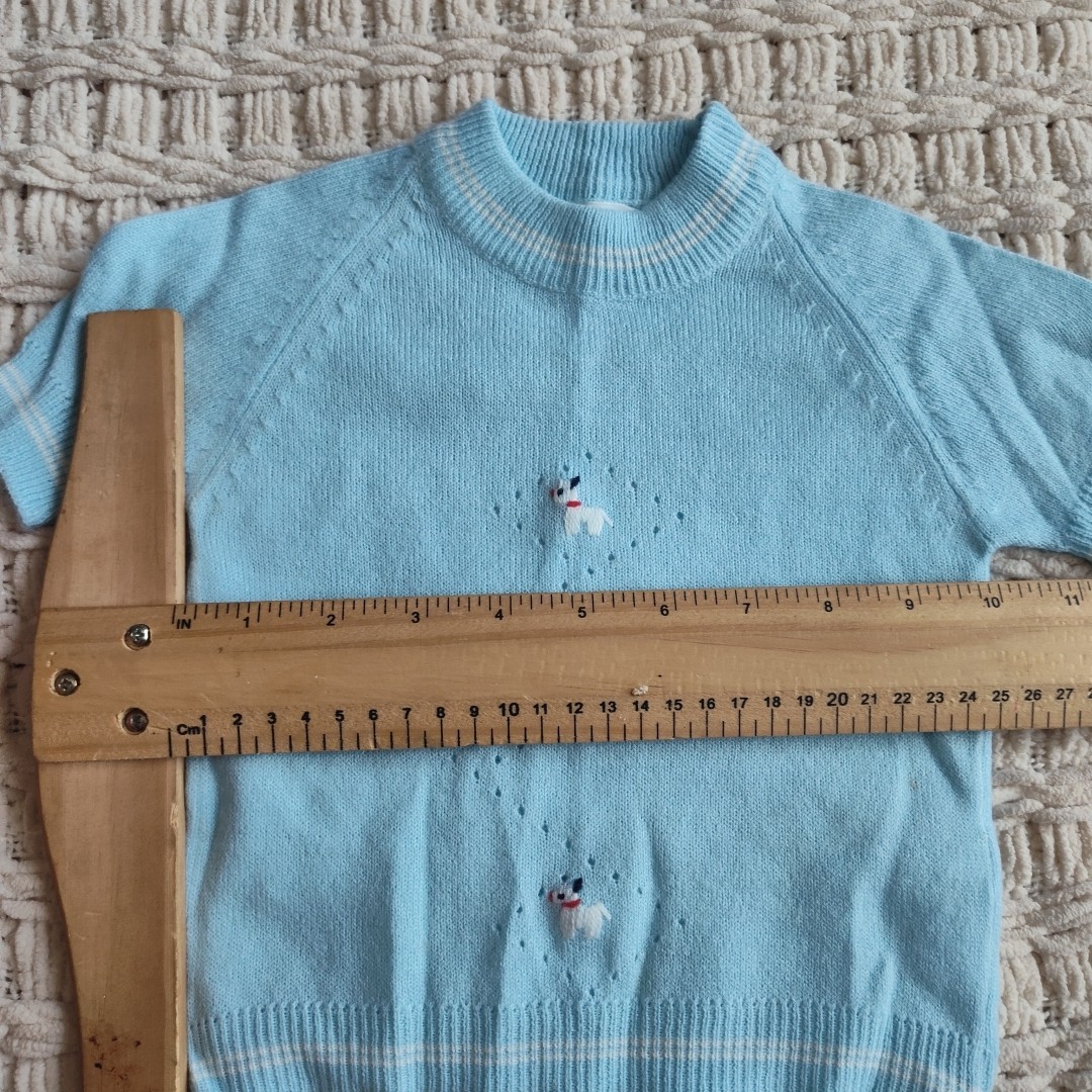 Vintage Baby Outfit Al Dino Knits Top Shirt Diaper Cover Shorts Blue Puppy Dog
