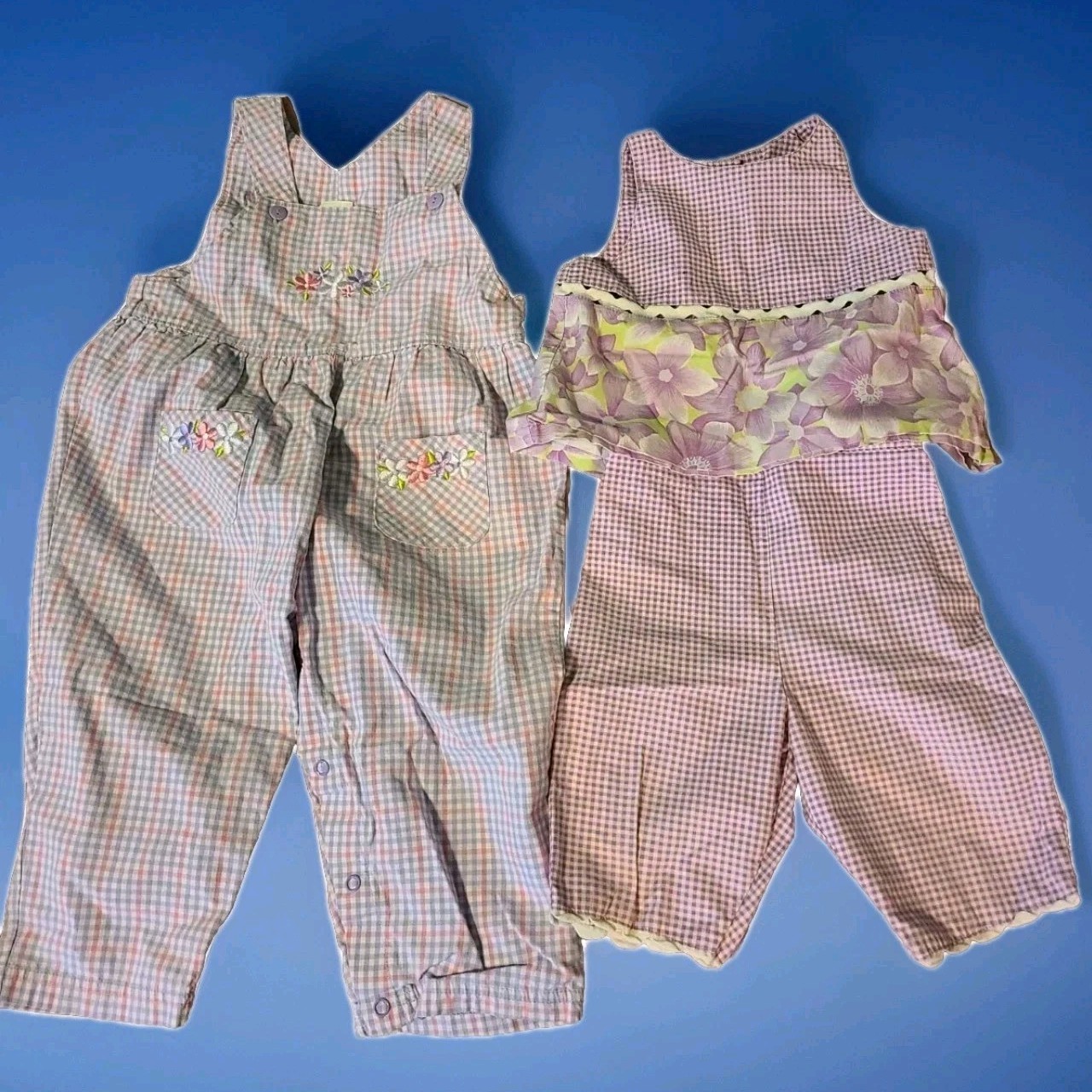 Two Easter Outfits 24 Month Purple Plaid Romper + 2 Pc Emma’s Garden + Little Me