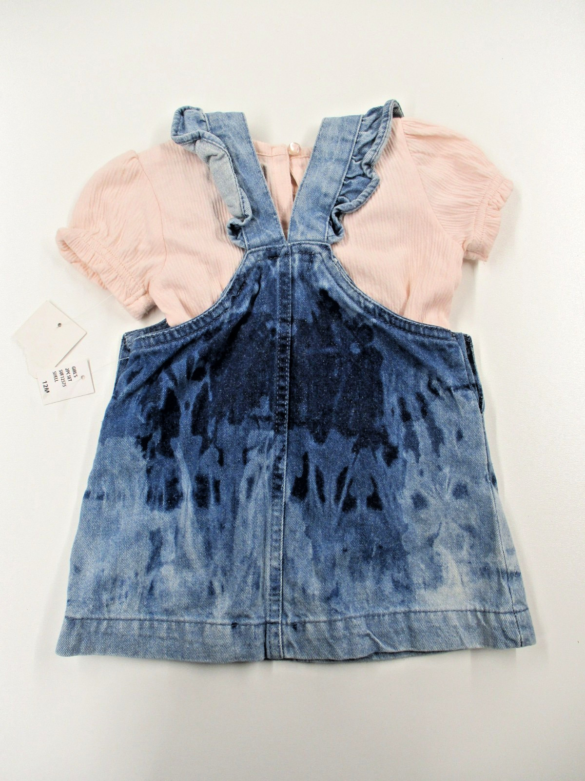 7 FOR ALL MANDKIND Outfit Girls 12 mos Blue Jean Denim Jumper Pink Top S/S NWT