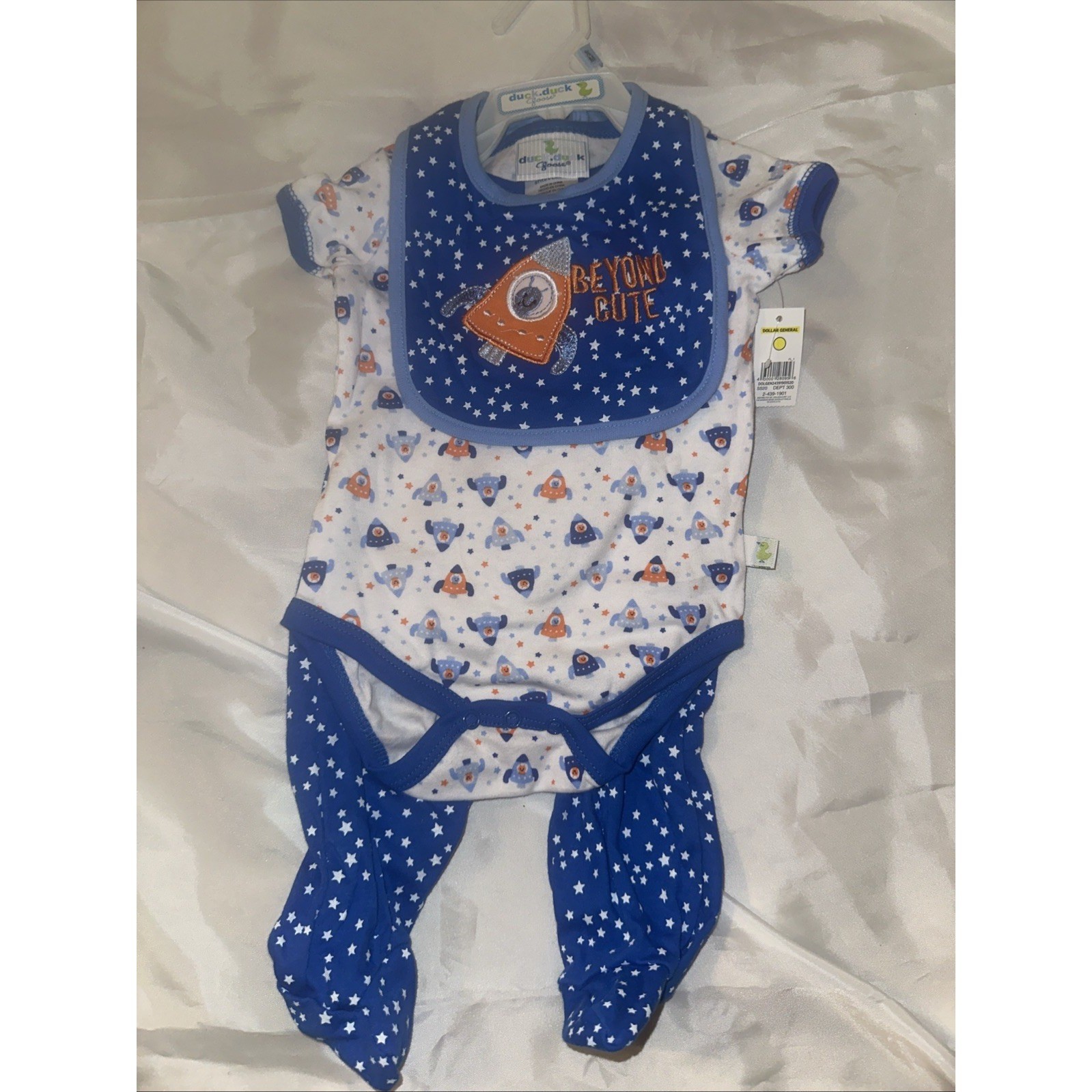 Duck Duck Goose Baby Boys 3pc Rocket Ship Set Bodysuit Pants Bib 6-9M Blue New