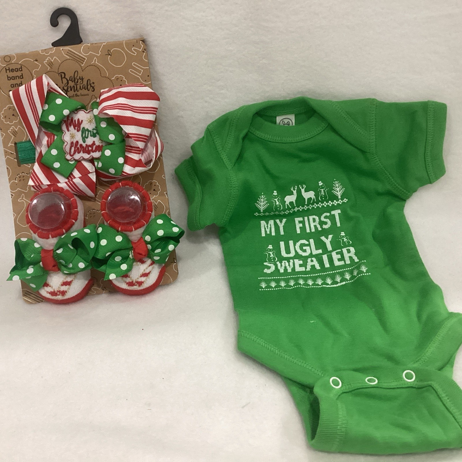 Baby “My First Christmas” Headband /Socks + “My First Ugly Sweater” Bodysuit