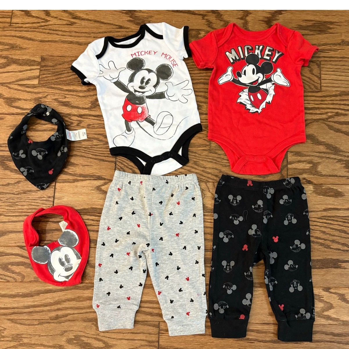 Unisex Baby 0-6mos 6 pc Mickey Mouse red and black bodysuit and sweatpants set