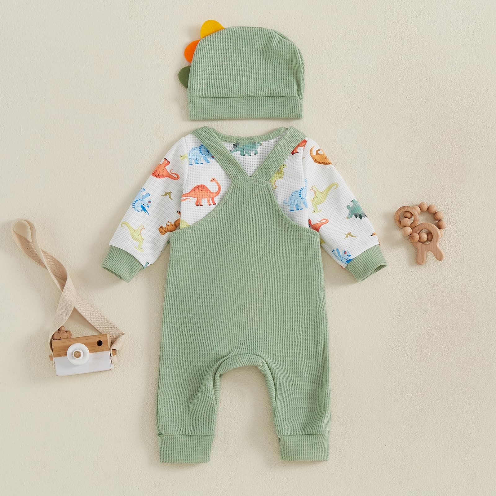 Newborn Baby Boy Dinosaur Outfit Long Sleeve Romper + Overalls Long Pants + C…