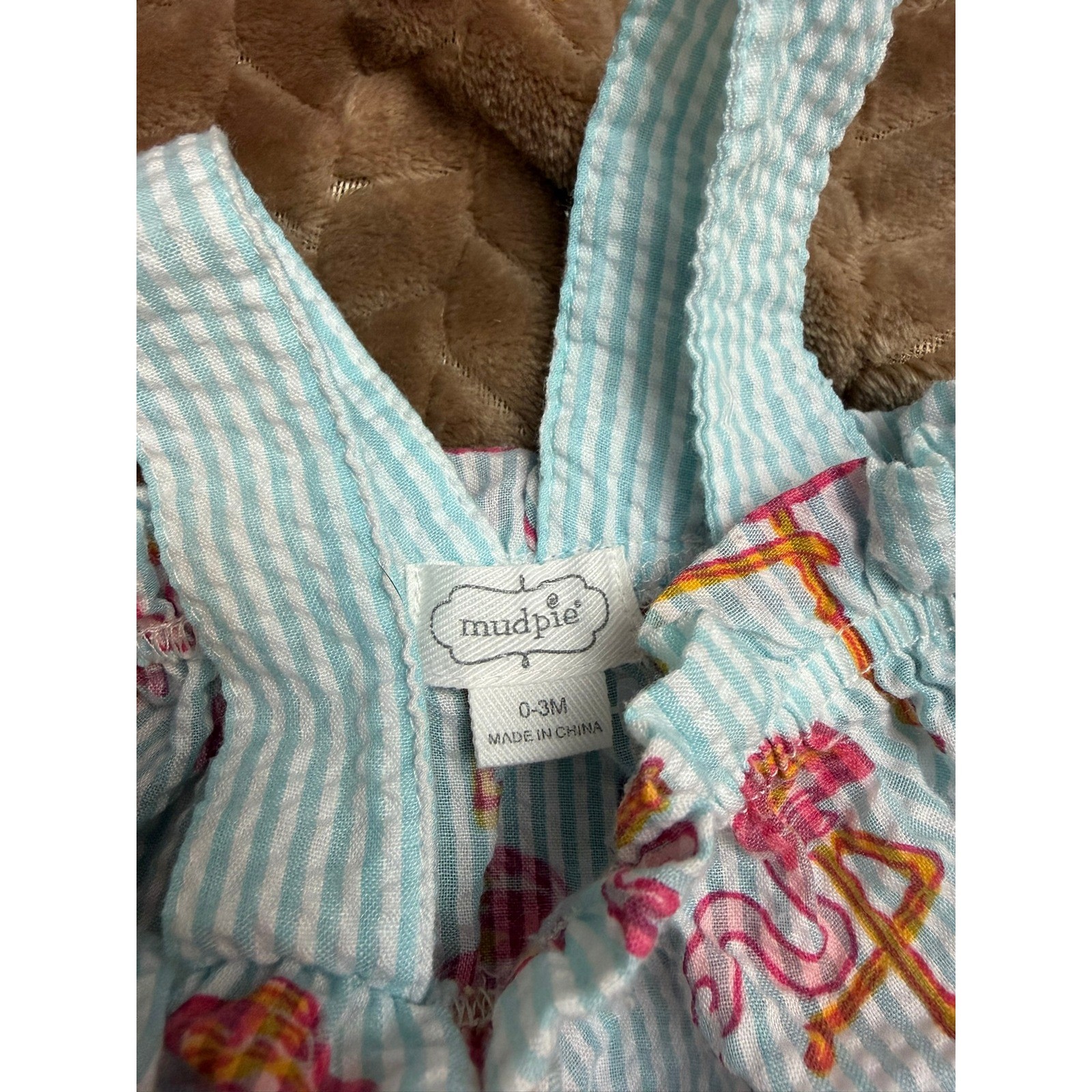 Mud Pie Flamingo Seersucker Top and Bloomers Set 0-3M Pink Blue Tropical Summer