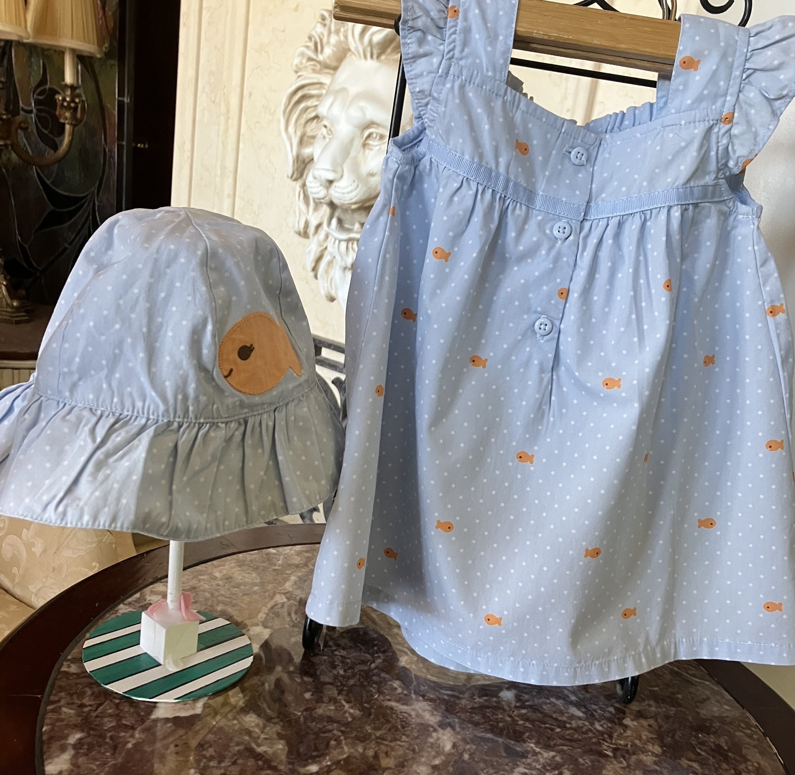 Vtg Gymboree 2010 Little Goldfish big fish sun hat 6-12 print smocked dress 3-6