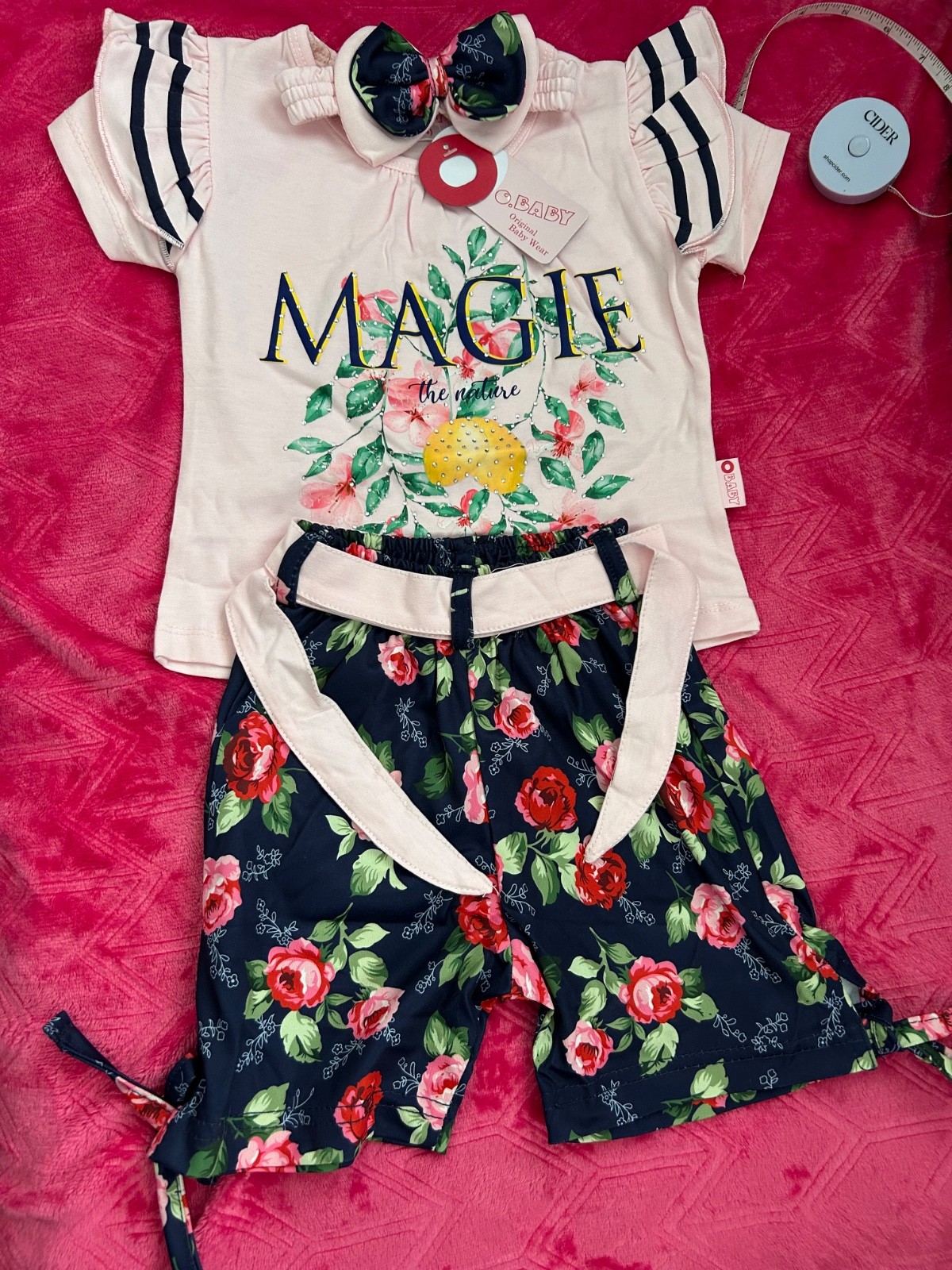 NWT O.BABY Girls 3PC Set Magic Floral Flutter Tee Shorts Headband Pink White Gre
