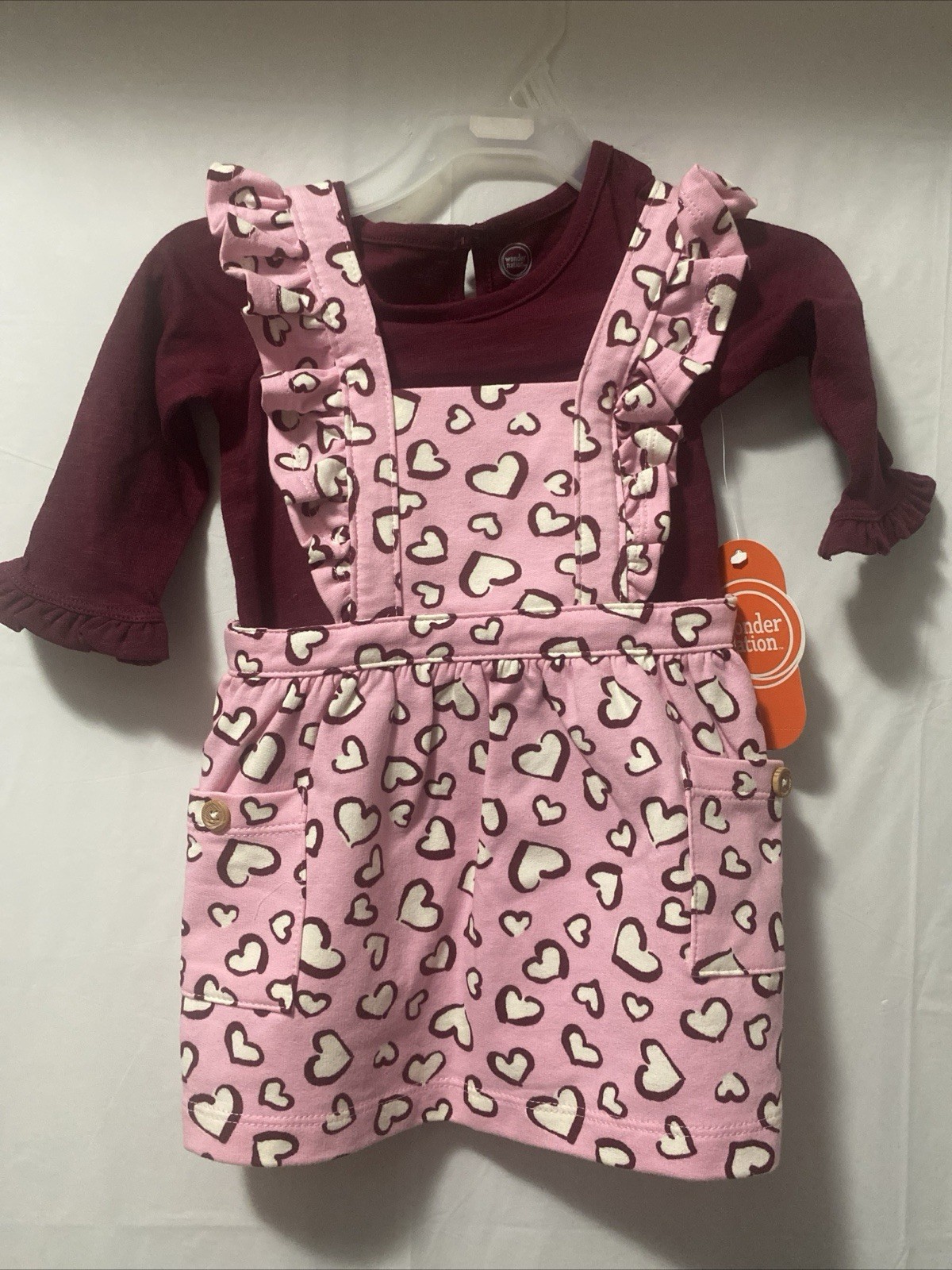 Dress for baby girl 3-6m type overalls 2 pieces pink, red hearts new