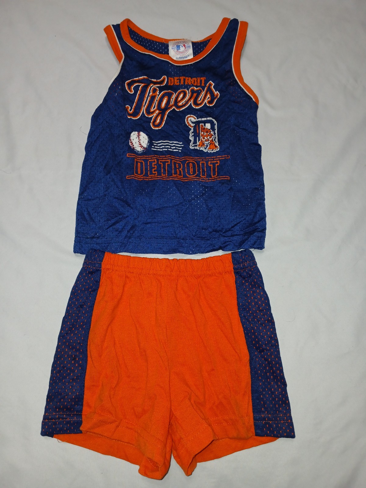 VTG 70s 80s Babyfair Detroit Tigers MLB 2pc Mesh Tank & Shorts Blue/Orange 3T