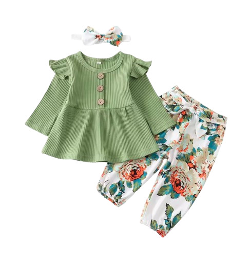 Red Green Newborn Girl Clothing Set – Knit Long Sleeve Top with Floral Pants