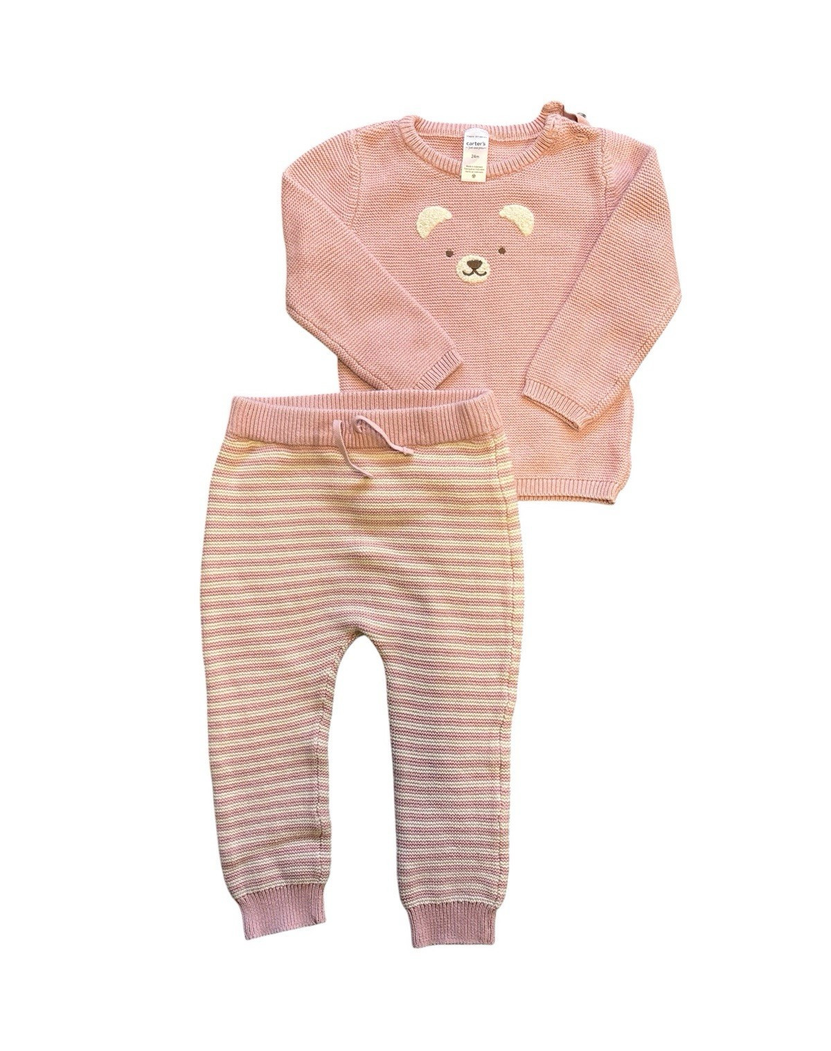 Carter’s 24M Pink Knit Sweater Pants Set Bear Face Matching Toddler Girl Outfit