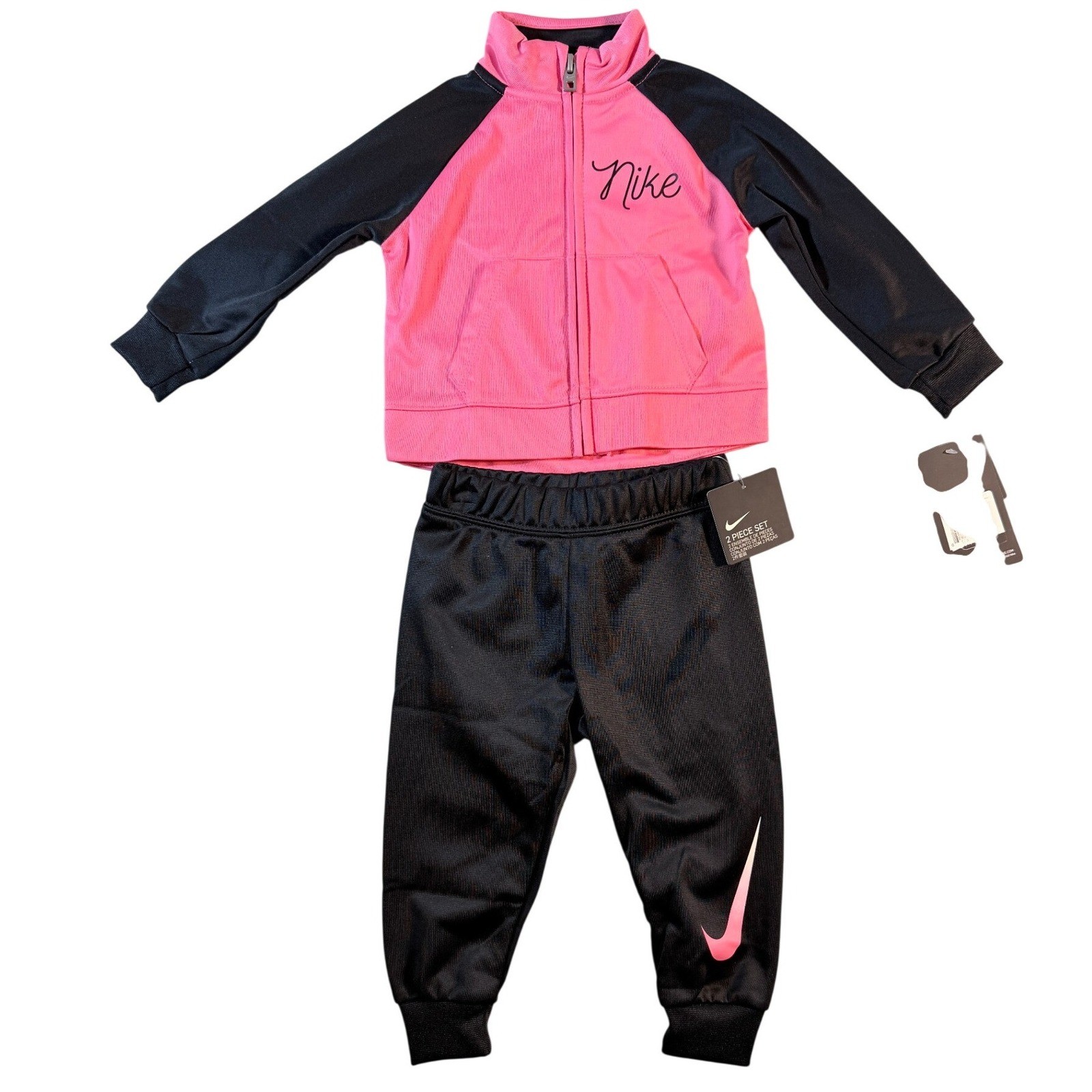 Nike Girls Pink Black 2 Piece Tracksuit Set Full Zip Jacket Pants Size 12M NWT