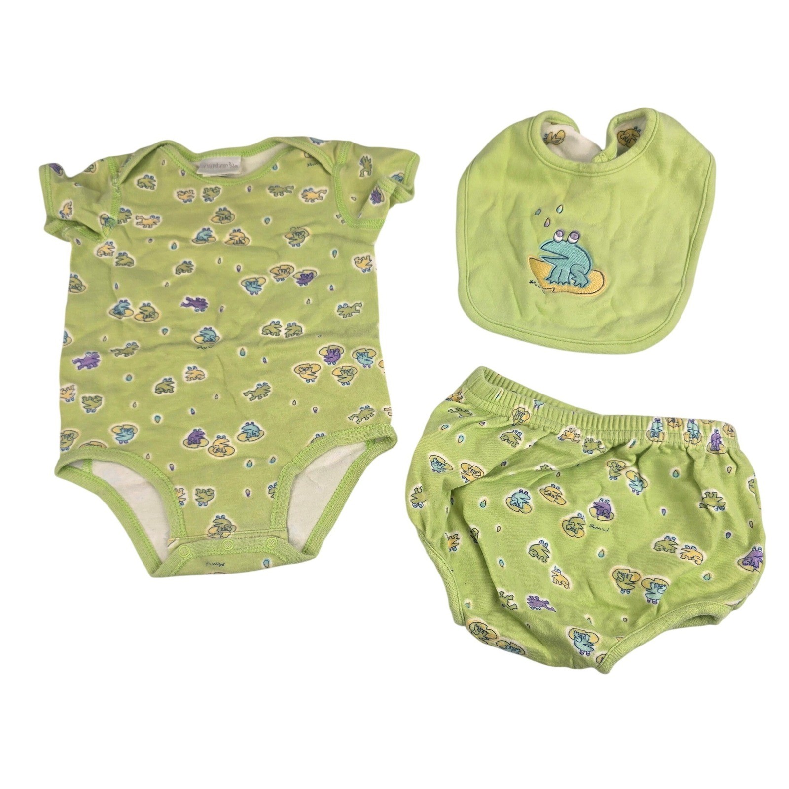 Vintage Carters Baby Boy Girl 3-6M Frog Bodysuit Diaper Cover Bib Set Green Y2K