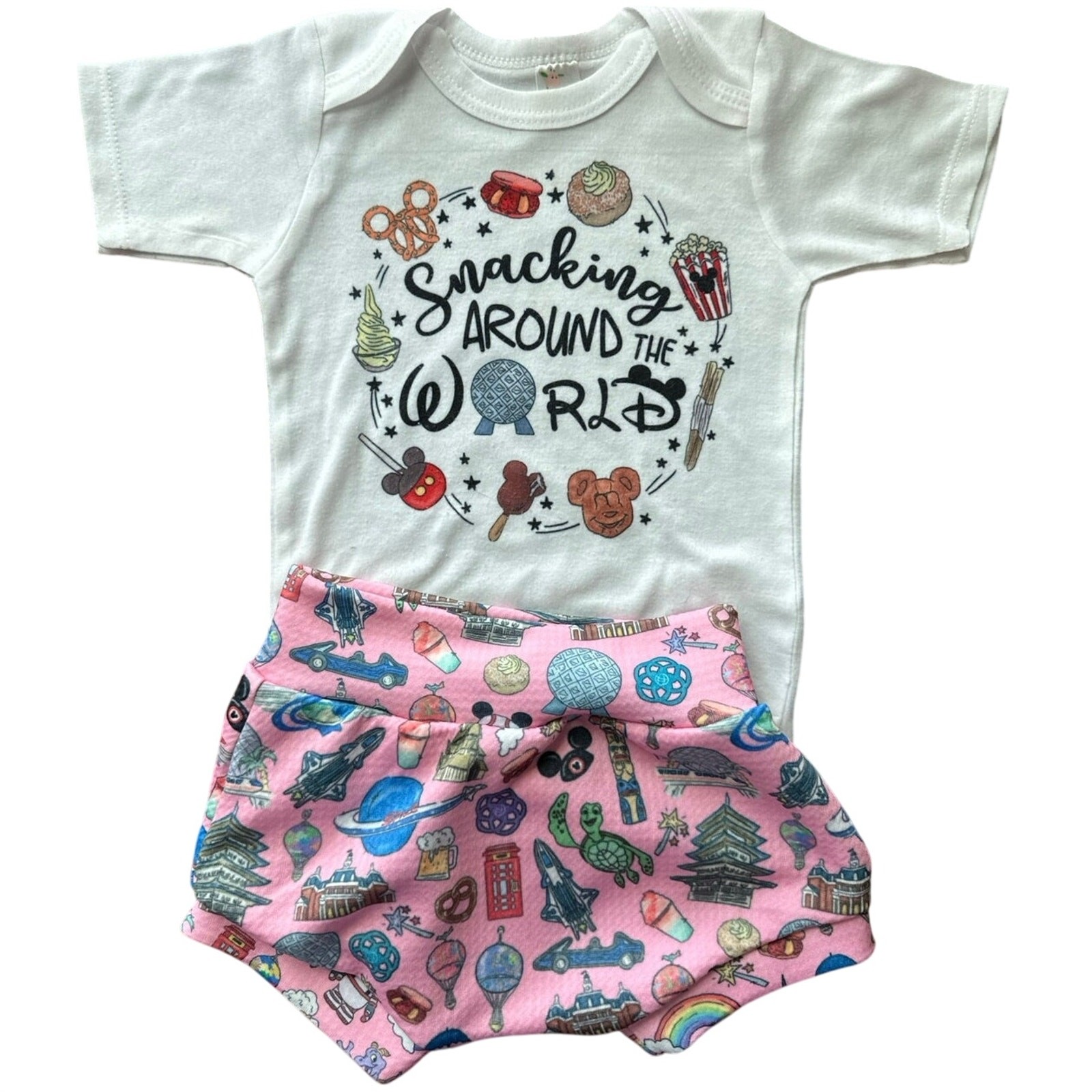 Epcot Disney Park Baby Girl 6M Outfit Bodysuit Shorts Snacking Around the World!
