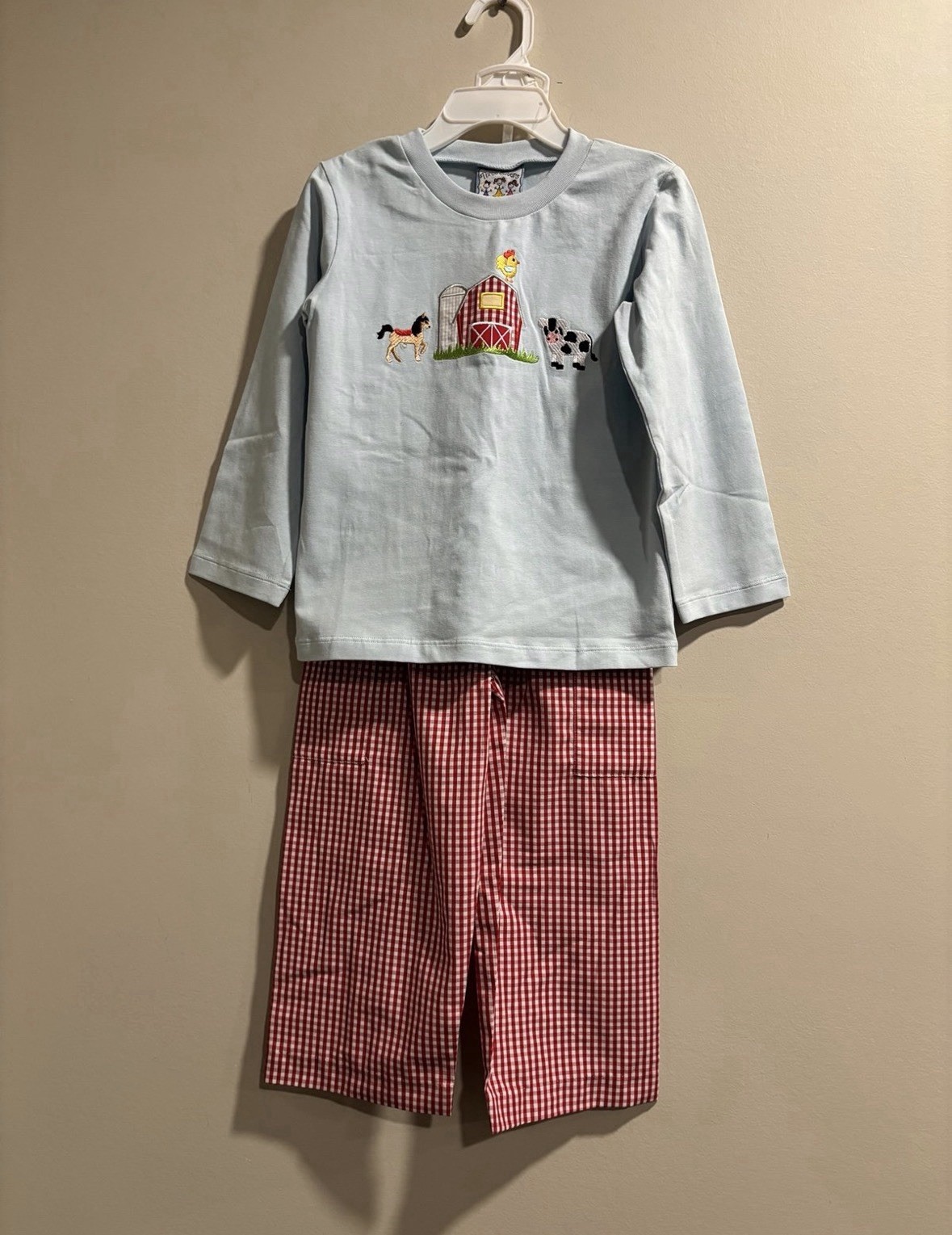 Three Sisters Boys 3T Farm Barn Applique Pant Set Red Gingham NWT Boutique