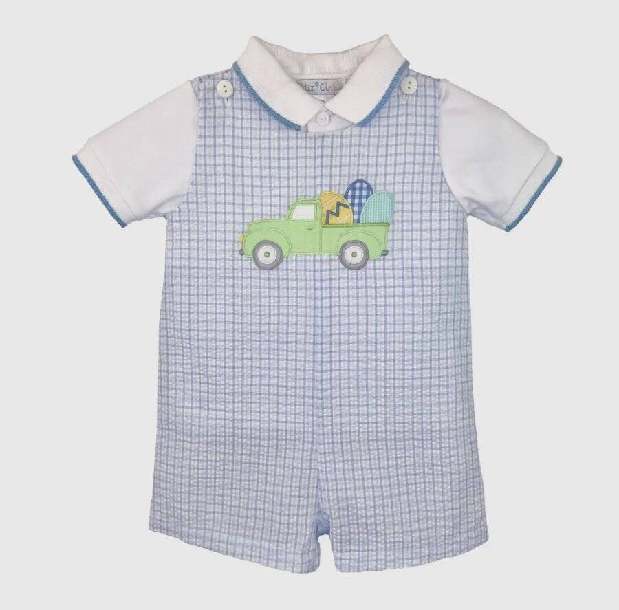 Petit Ami Blue Seersucker Romper Shirt with Easter Truck Applique 12 18 24 Month