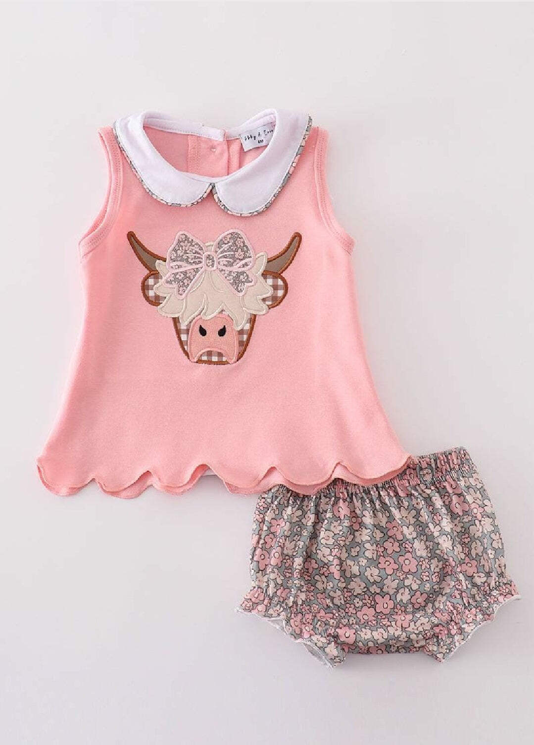 Girl’s Boutique Pink Highland Cow Applique Embroidered Embroidery Bloomer Set Ou