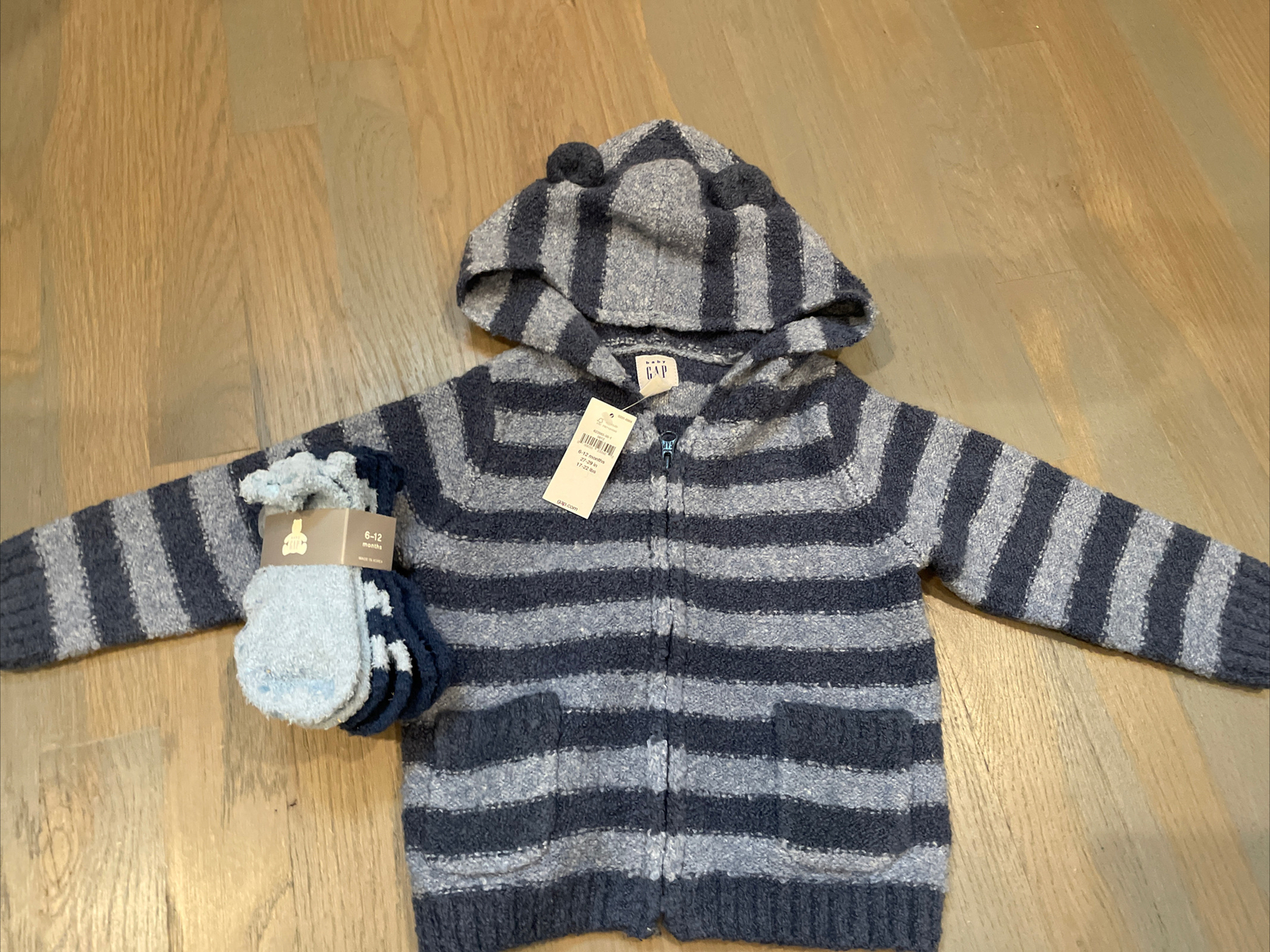 NWT Baby Gap boy SPRING FALL blue striped sweater bear socks 4-piece SET 6 9 12
