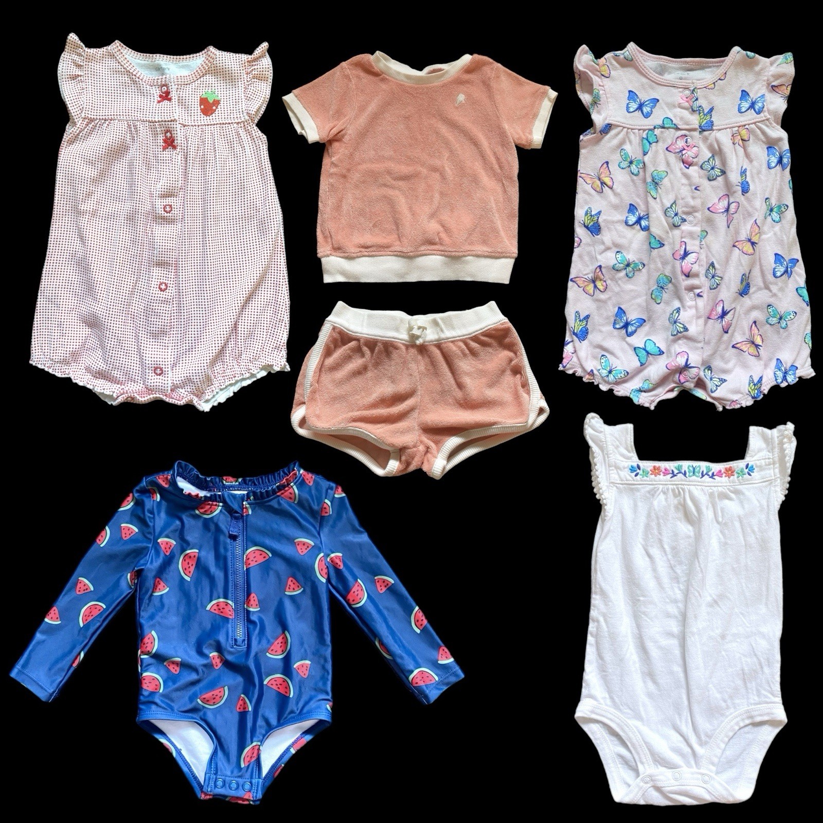 6pc. Bundle Carters 9mo. Summer Baby Girl Clothes + Swimsuit Excellent Condition