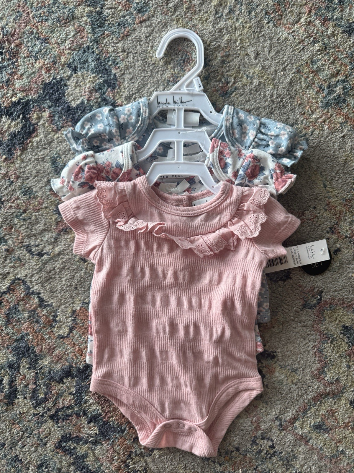 Set Of 3 One Piece Bodysuits For 0-3 Months Baby Girl By Nicole Miller New