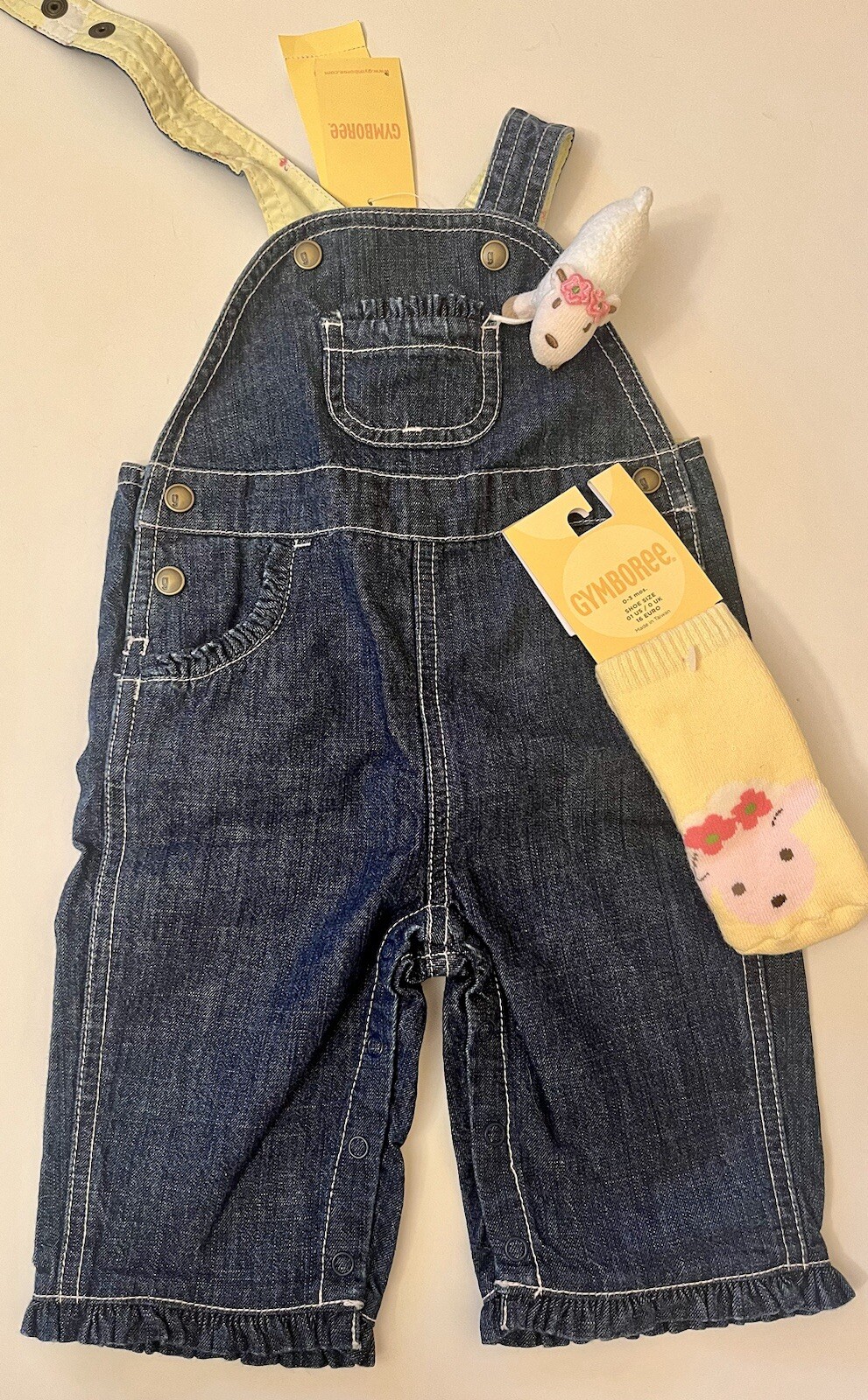 NWT Infants 0-3 Gymboree EIEIO Cotton Denim Snap Overalls Pocket Pal LAMB socks