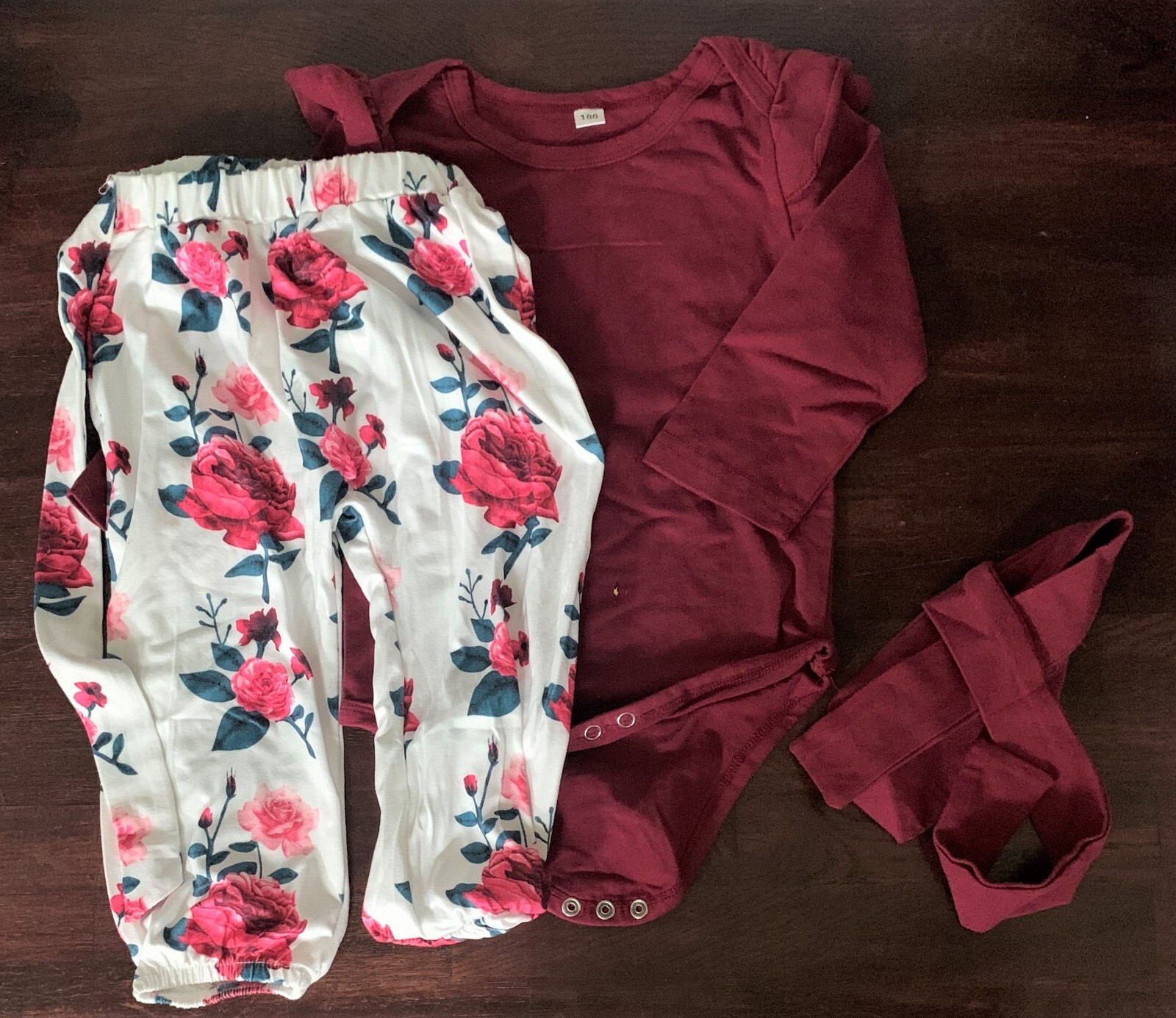 3PCS Infant Girl wine red Ruffle Romper Bodysuit, floral Halen Pants + 18-24M