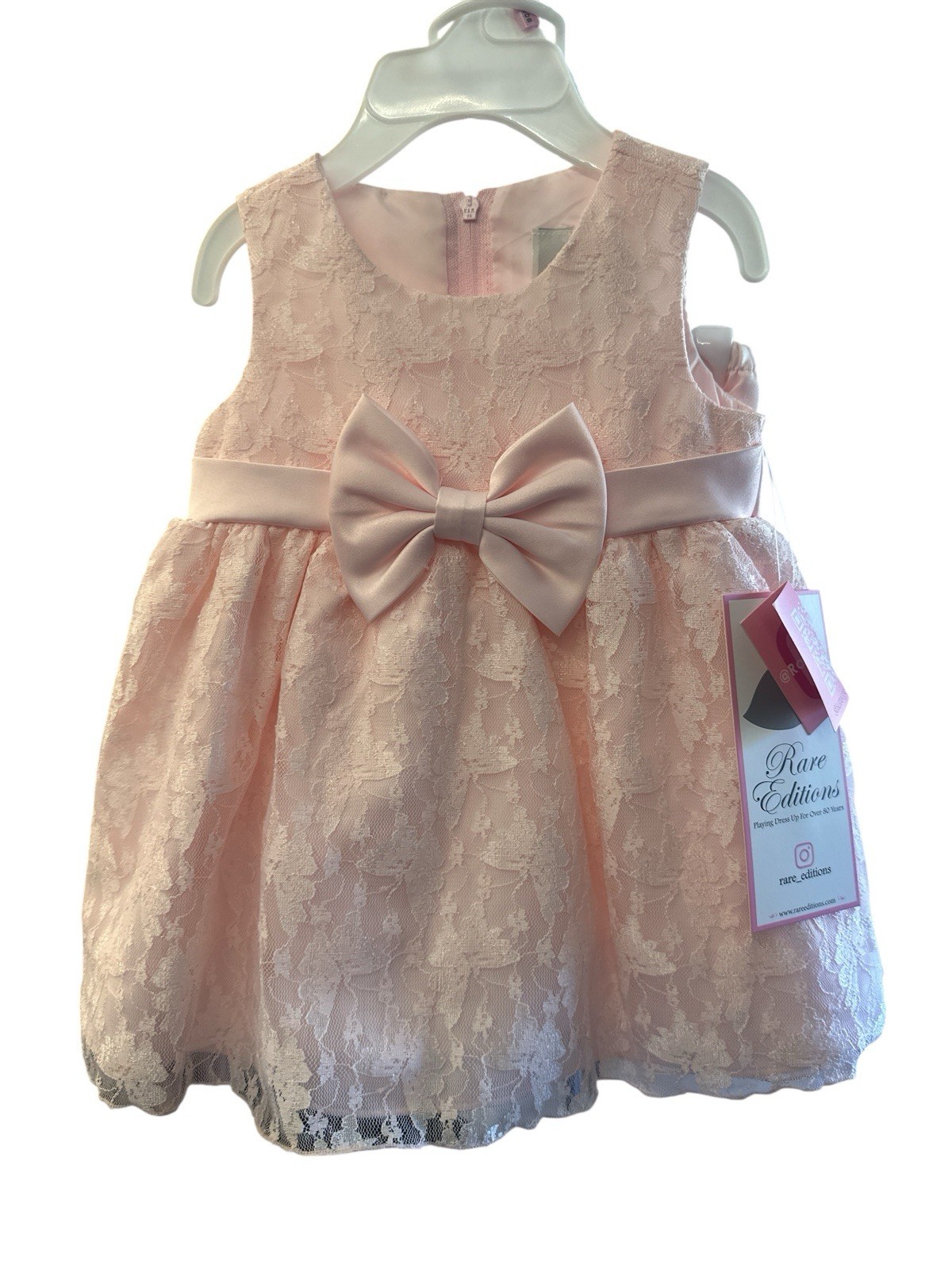 Rare Editions Pink Floral Lace Bow Dress & Bloomers Set 6-9M Sleeveless Zip