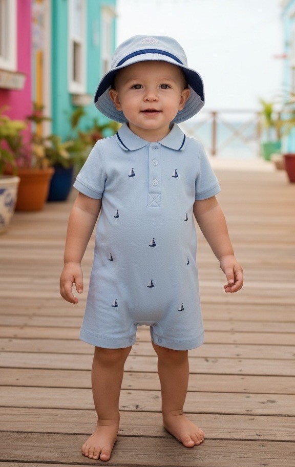 New Little Me Romper Nautical Sailboats Blue Size 9 Months Hat 9 12 Month NWT