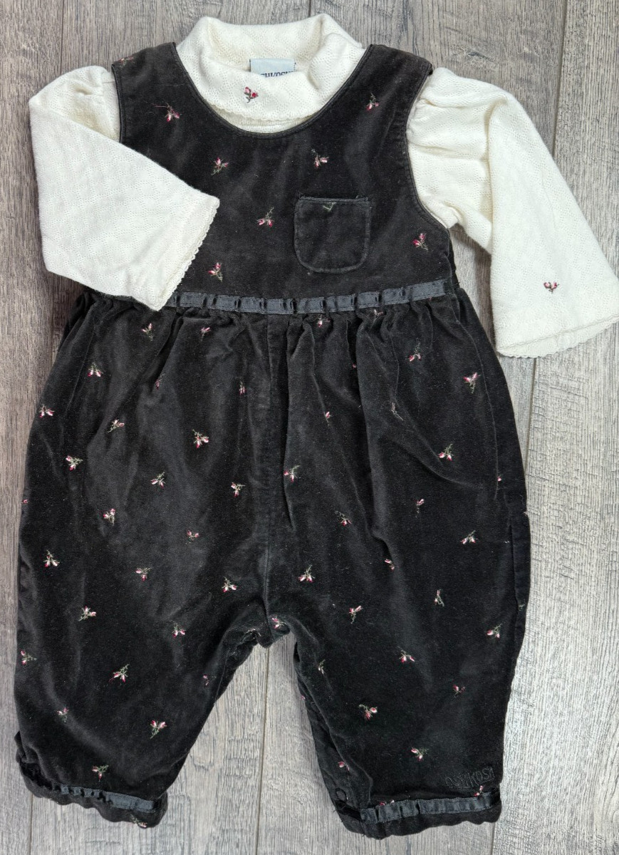 Baby Girl Clothes Vintage Oshkosh 3-6 Month Black Rosebud Overalls Outfit