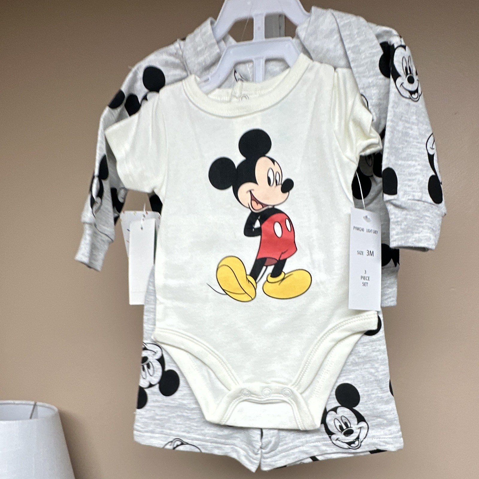 Disney Mickey Mouse Boys 3M 3pc Zip Hooded Bodysuit Shorts Set Gray