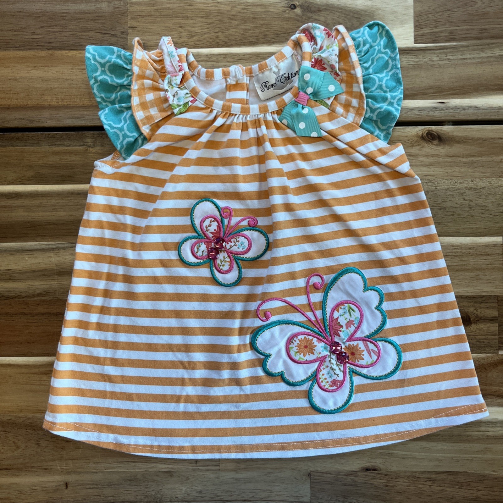 Rare Editions girl 2pc outfit floral ruffled sleeves applique butterflies 2T