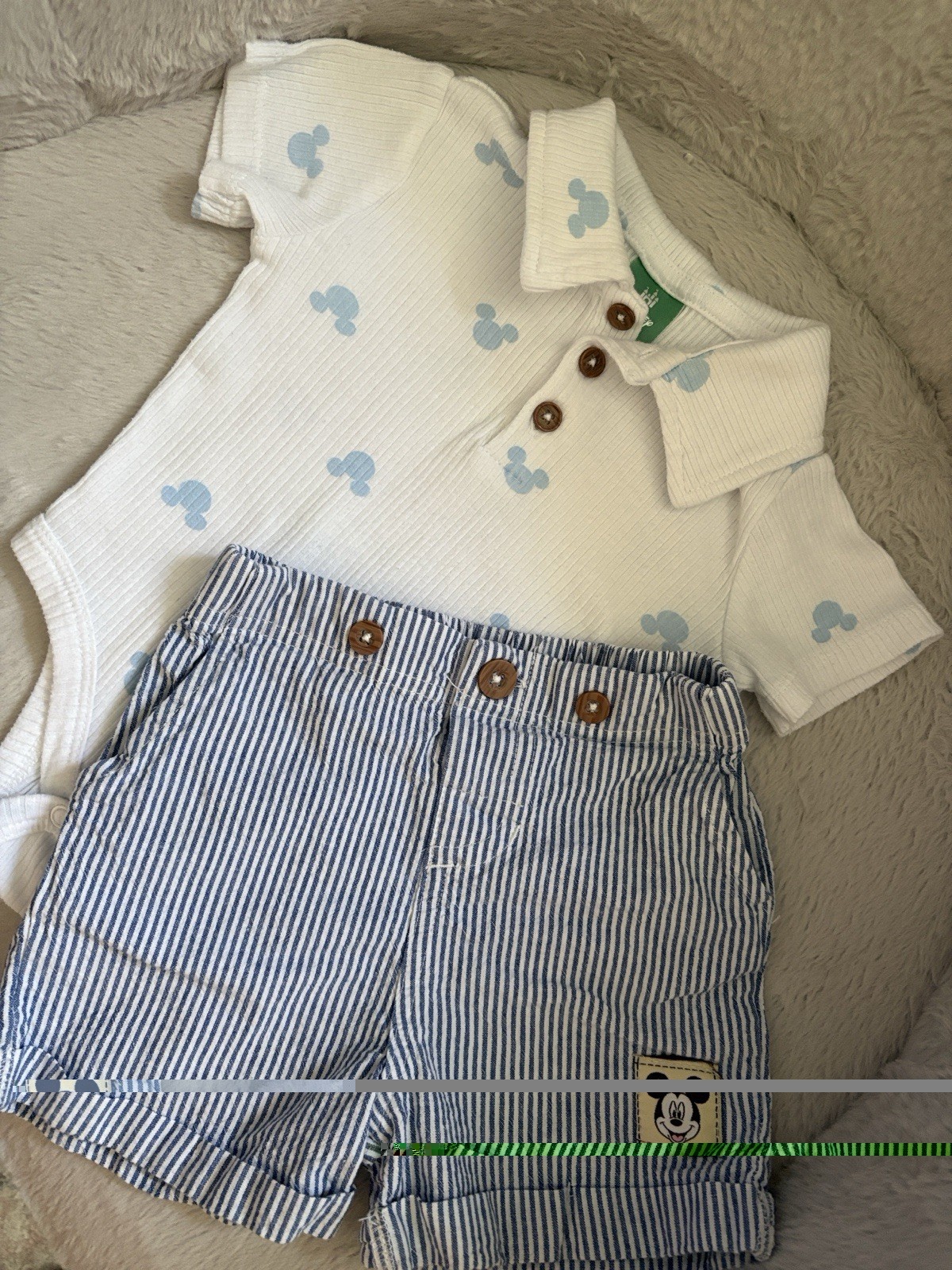 Disney Baby Mickey Mouse 2pc Collared Shirt & Striped Shorts Set 6-9M