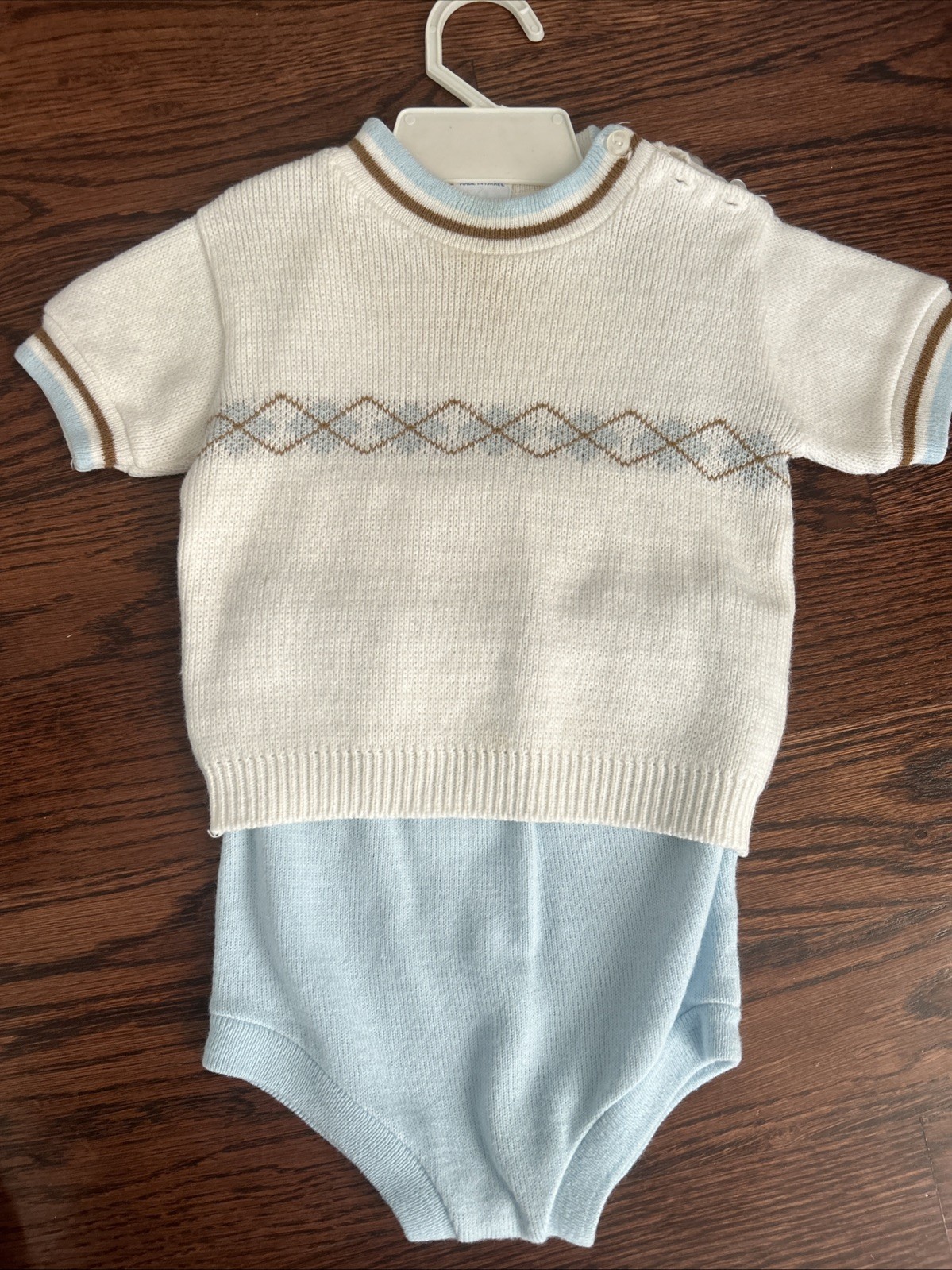 NOS VTG Infant Baby Boy Knit 2 pc Set Argyle Pattern Sweater w/Light Blue Shorts