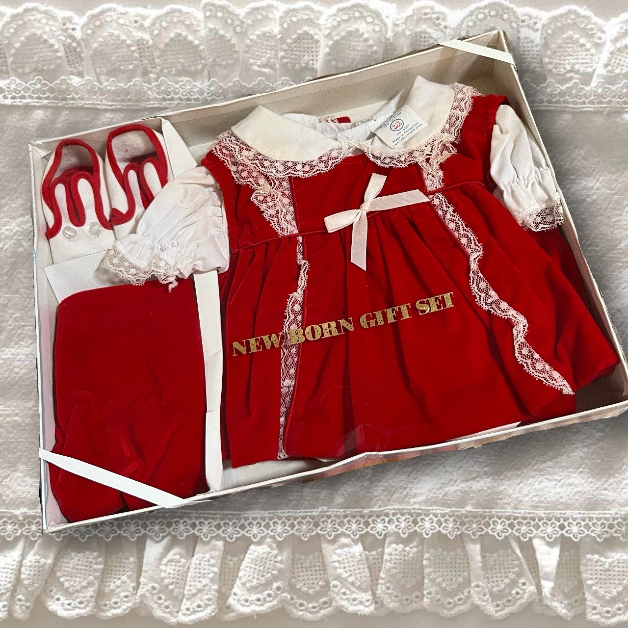 Babyfair Vintage Red/White Velour Lace Bow Dress w/ diaper cover & Shoes 0-6M
