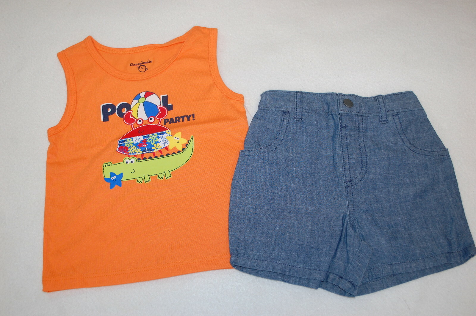 Baby Boys ORANGE TANK TOP Crab Alligator POOL PARTY Blue Woven Shorts 18 MO