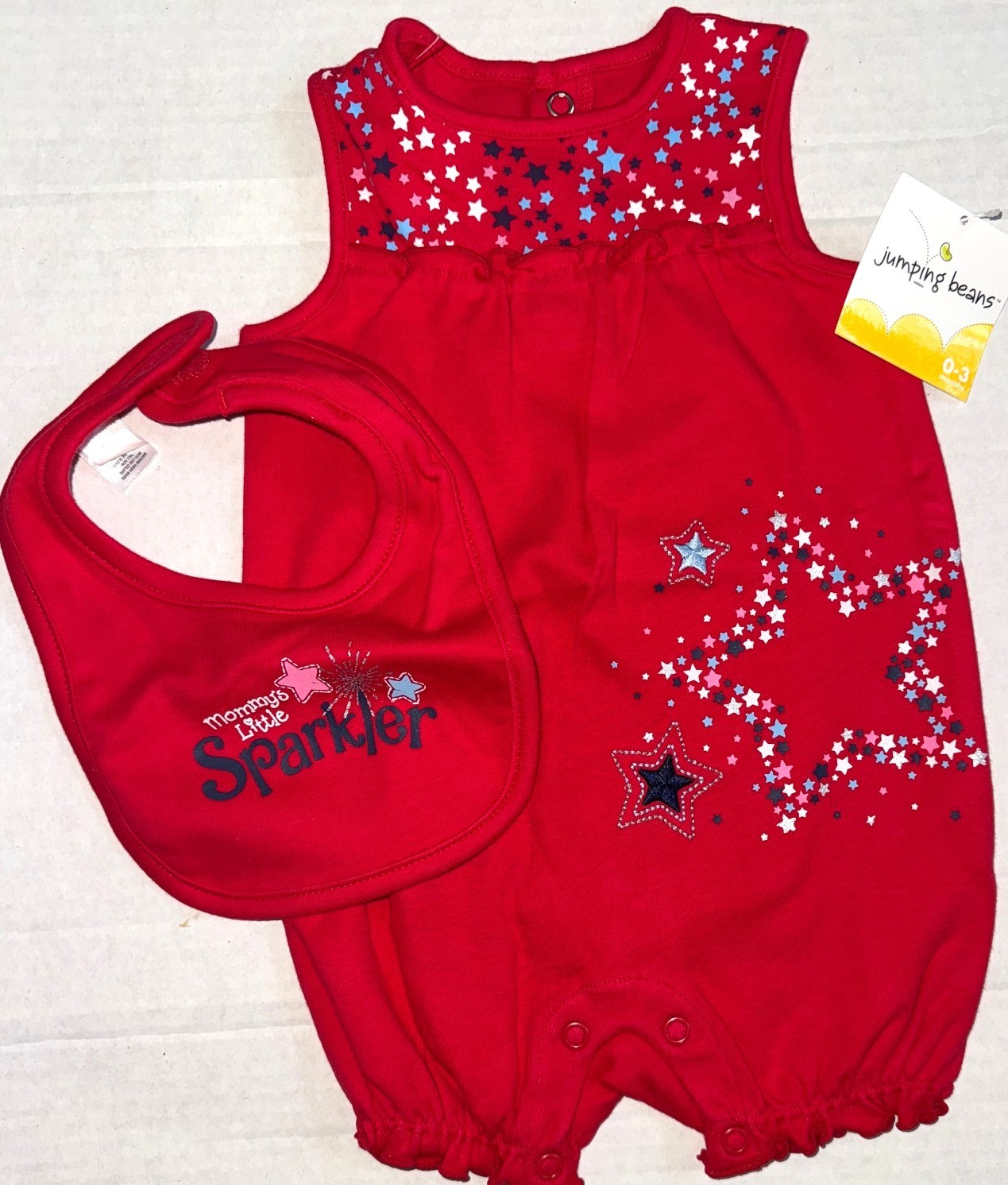 JUMPING BEANS 2 piece set red/white/blue STARS/SPARKLE motif size 0-3 months