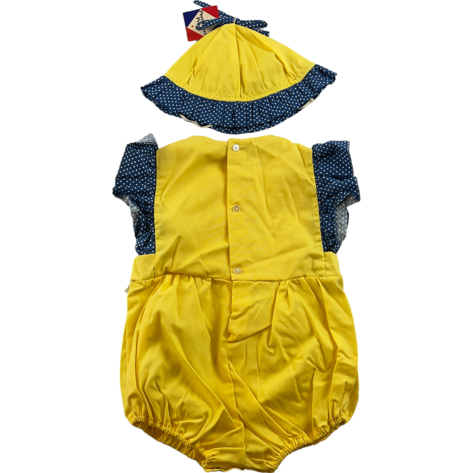 Vintage Baby Outfit Size Unknown Yellow Blue Polka Dot Jumper Embroidered Bonnet
