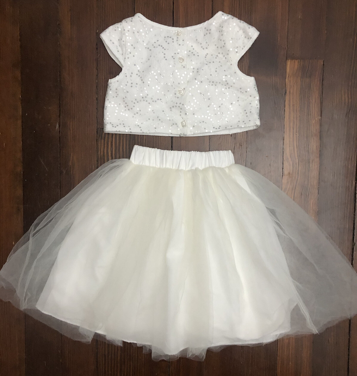 TEVOLIO White Sequin Crop Top Skirt Set Tulle 3T Princess Silver Detail Party