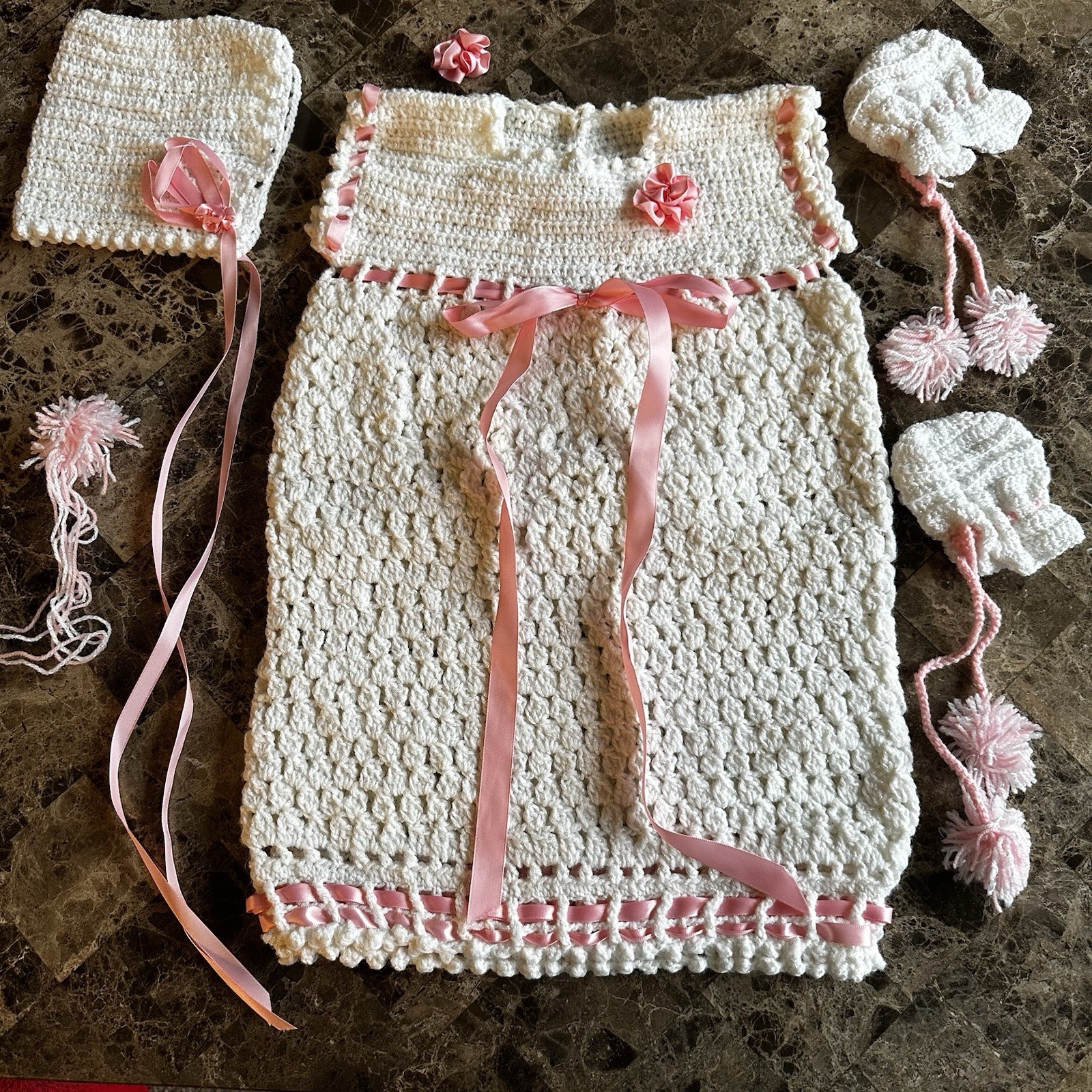 Vintage Hand Crocheted Baby Bunting Set Christening Photo Prop White Pink