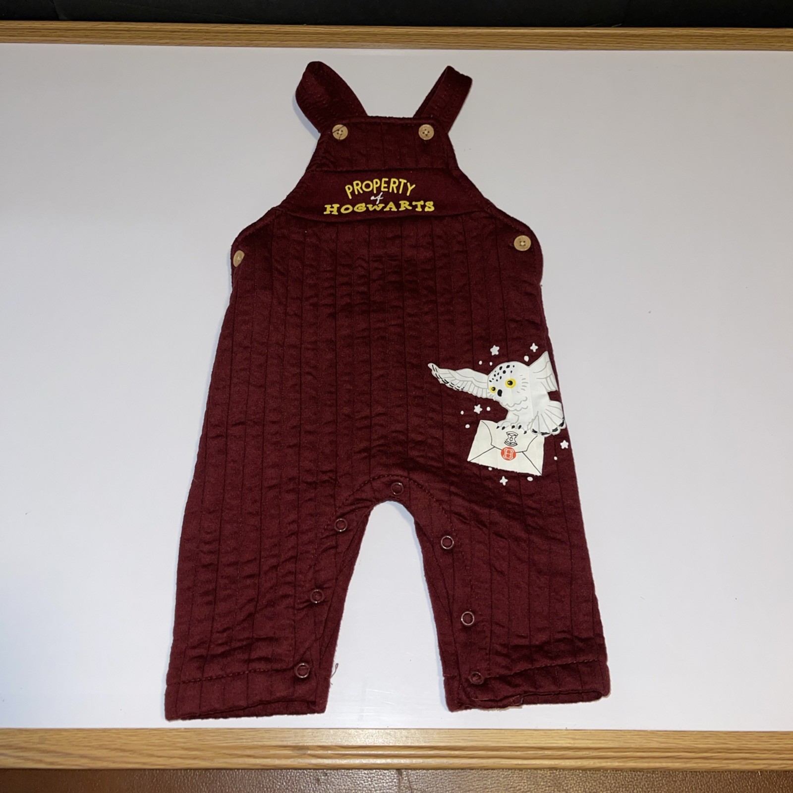 Harry Potter Baby Overalls Hedwig Burgundy Red Graphic Print Size 6/9 Months