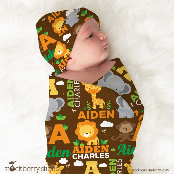 Safari Animals Swaddle Boy Name Blanket Personalized Lion Monkey Elephant Jungle