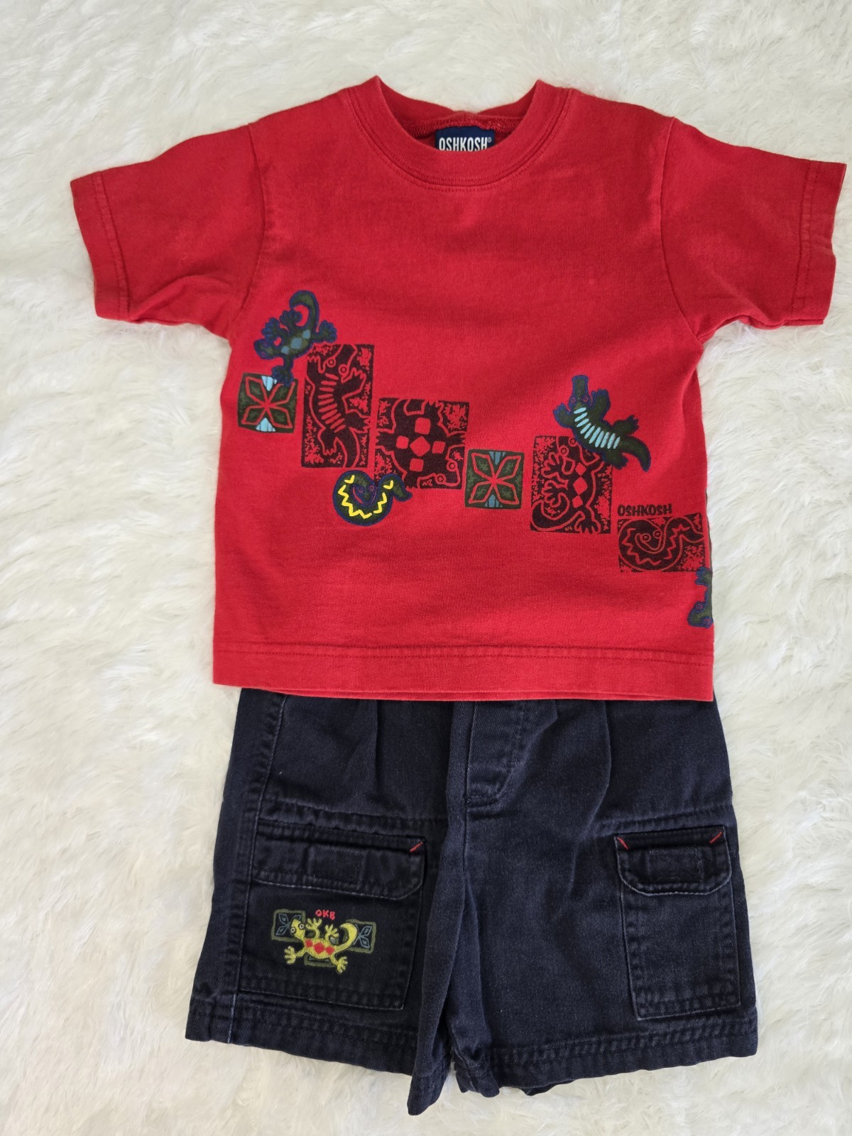 OshKosh Baby 2 Piece Red Shirt & Denim Jeans Set 24 Months Desert Lizard Cartoon