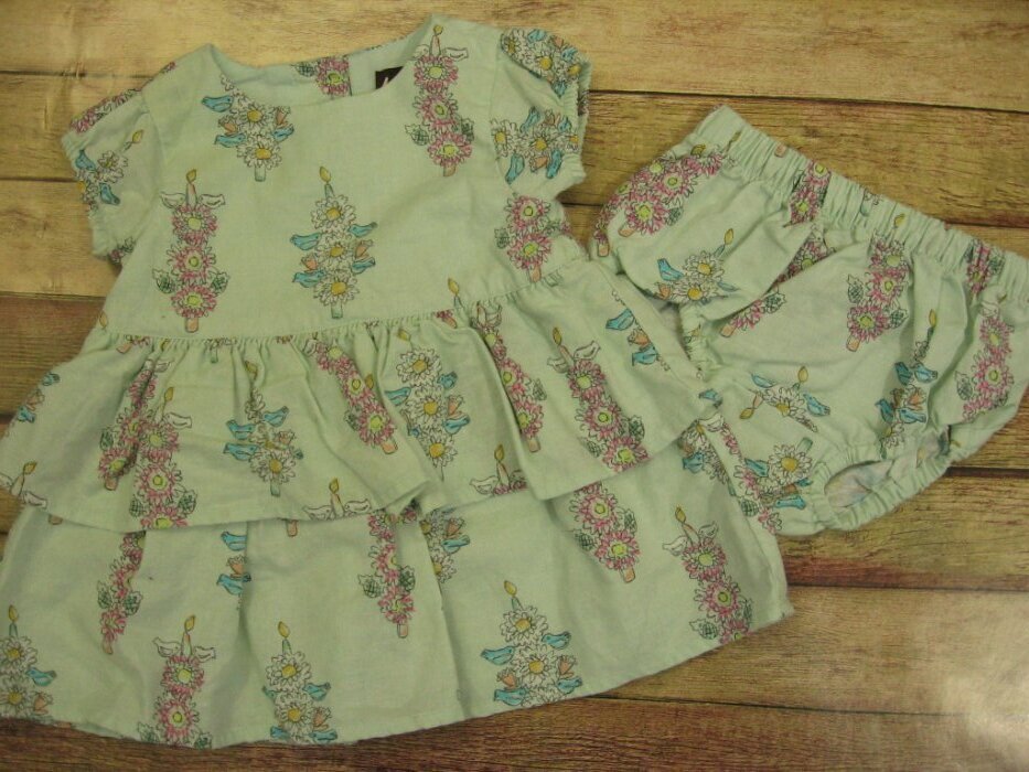 Tea Girls Dress & Bloomers Set Pastels Birds Flowers 6-9 mo. Linen Cotton