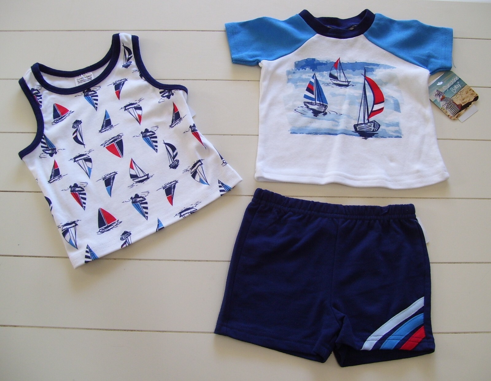 Sunshine Baby 3 Pc RWB Nautical Sailboat Shirt Tank Top & Shorts Outfit 24M