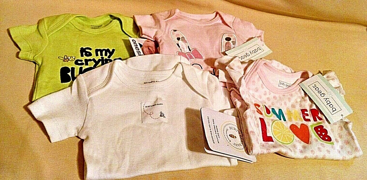 BABY OUTFIT SET 4 NEW NWT BABY GEAR ONSIES BURT’S BEES BABY WHITE PINK GREEN.