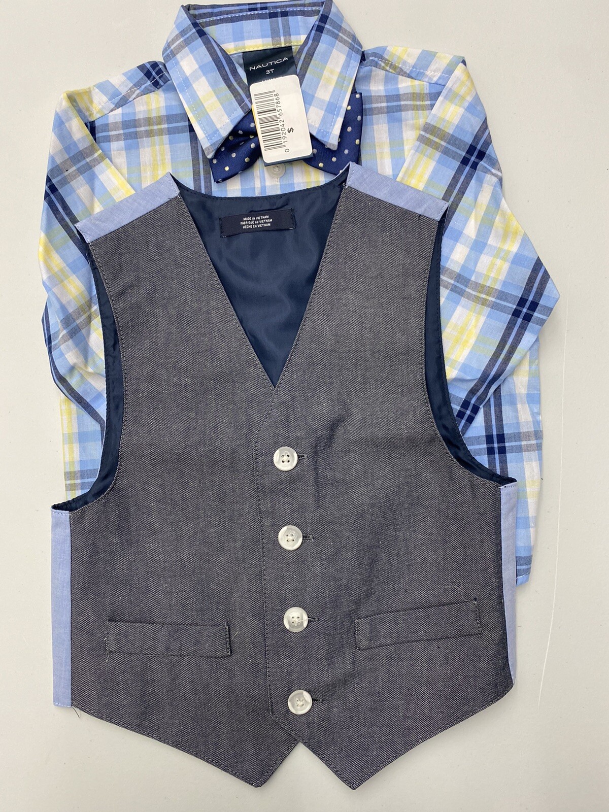 Nautica Boy’s 3 Piece Blue/Yellow Dress Shirt, Grey Vest Blue Bowtie Set Size 3T
