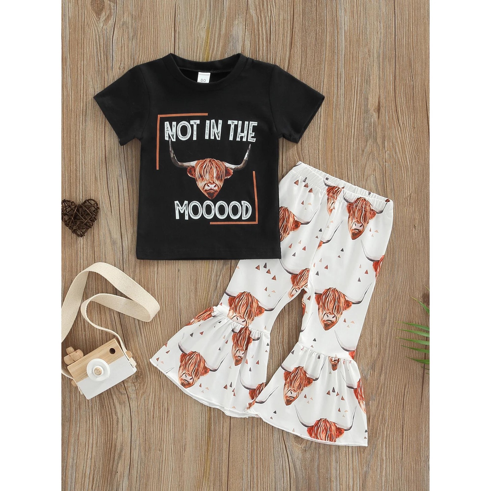 Kid Girl Summer Clothes Short Sleeve Tops + Flared Pants Printed Elastic Waist