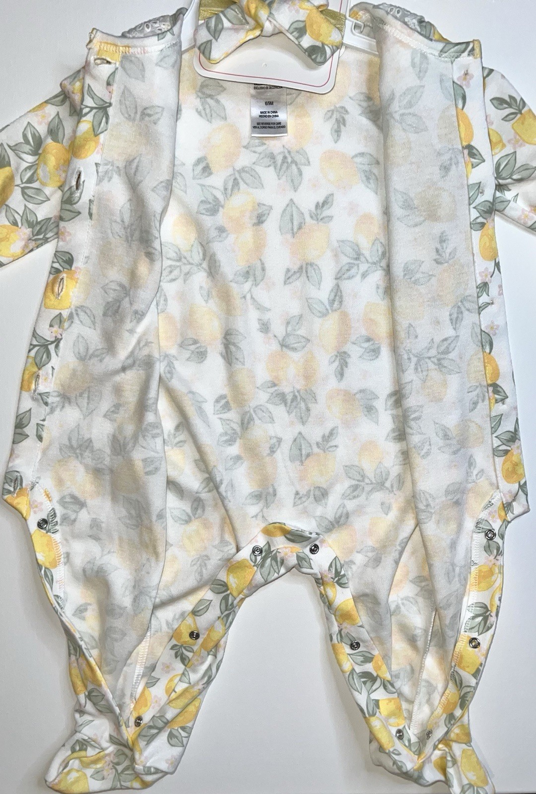 Nicole Miller Baby L/S Bodysuit & Headband 6-9 Mon Lemon Print Embroidered NWT