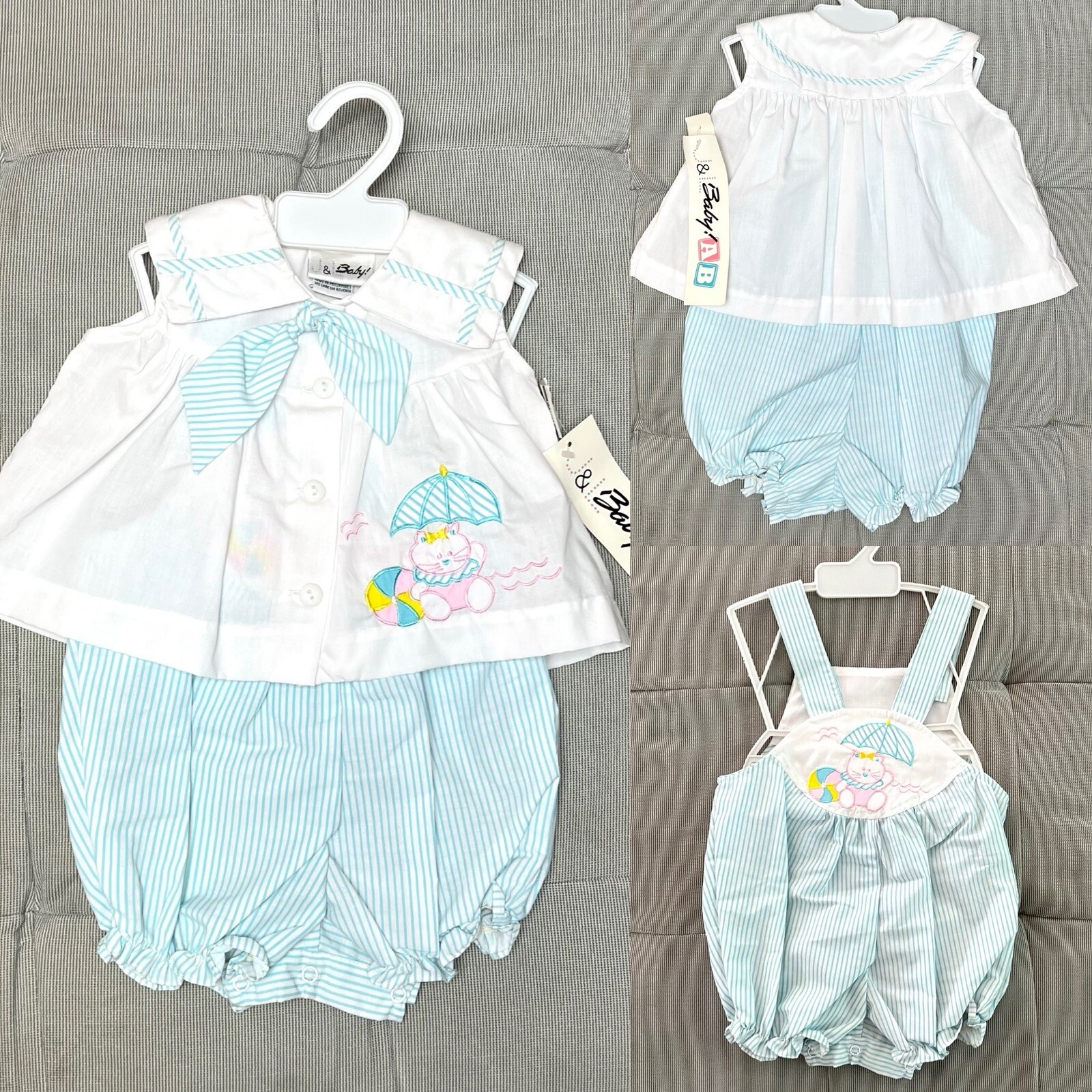 J&L Baby NEW Two Piece Unisex Romper Set Blue White Beach Theme Sz 6-9 Months