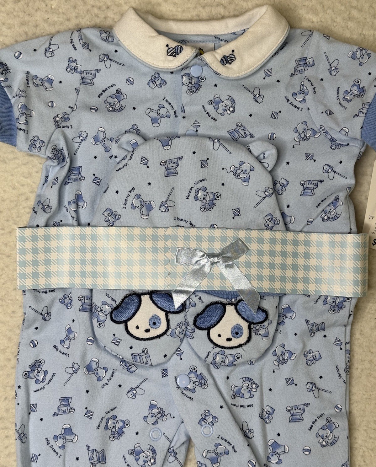 VTG Sesame Street Blue Puppy Dog Romper Outfit w/ Cap & Slippers Size 0-3 Months